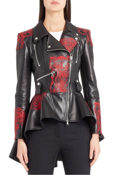 Alexander Mcqueen Zip-front Embroidered Peplum Leather Jacket In Black/ Red