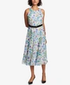 TOMMY HILFIGER BELTED FLORAL-PRINT MIDI DRESS