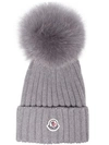 MONCLER Grey wool beanie hat with pom pom