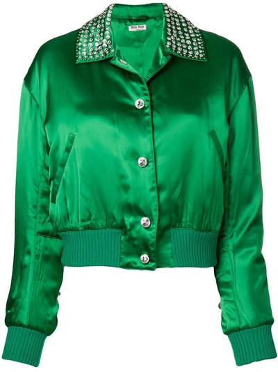 Miu Miu Crystal Embellished Satin Bomber Jacket - Green