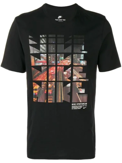 Nike Repeated Logo Cityscape Print T-shirt In Black