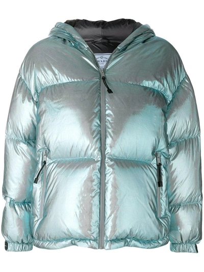 Prada Oversized Quilted Metallic Shell Down Jacket In Blue