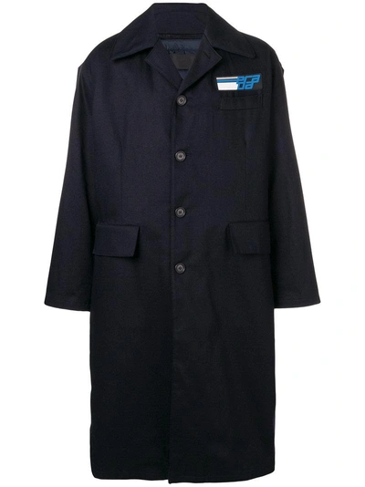 Prada Single-breasted Logo-patch Twill Coat In Dark Blue