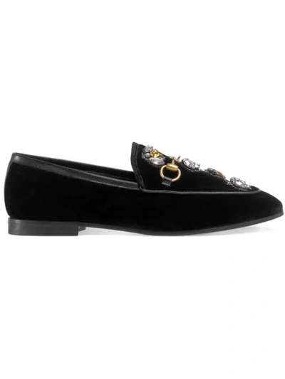 Gucci Jordaan Velvet Loafer With Crystal Bees In Black