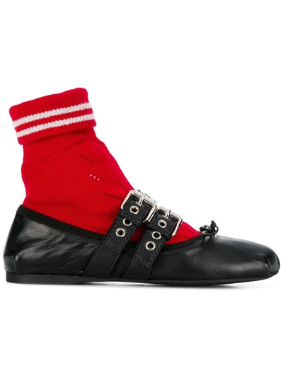 Miu Miu Black And Red Wool Leather Sock Ballerina Flats In Black