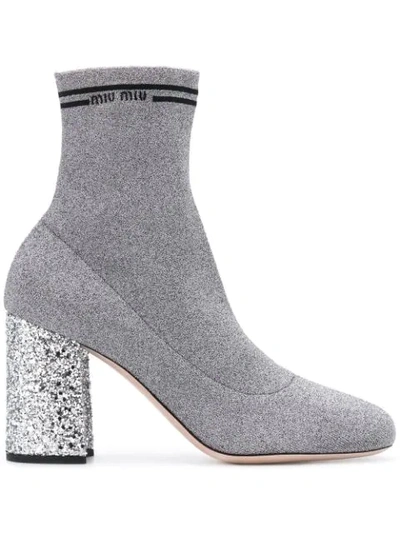 Miu Miu Glitter Heel Lurex Sock Boots In Cromo Nero