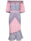 Saloni Grace Off-the-shoulder Printed Silk Crepe De Chine Midi Dress In Pink