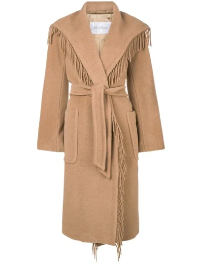 Max Mara Fringed Belted Robe Coat In Brown