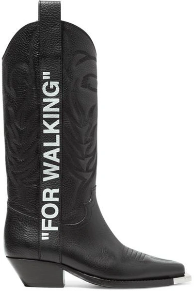 Off-white For Walking Embroidered Printed Textured-leather Knee Boots In Black,white