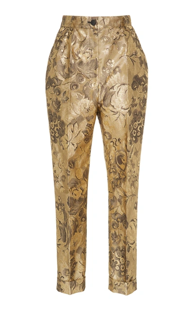 Dolce & Gabbana High-waist Cropped Tapered-leg Metallic Floral-jacquard Pants In Gold