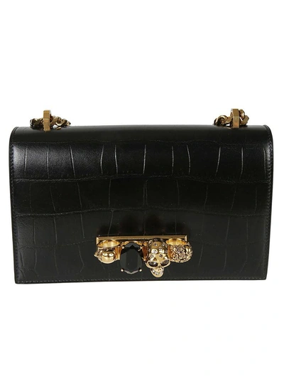 Alexander Mcqueen Jewelled Satchel Crocodile-effect Leather Shoulder Bag In Black