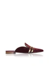 MALONE SOULIERS HERMIONE BURGUNDY VELVET AND PLATINUM NAPPA FLAT MULES,10649220