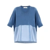 PAISIE Knitted V-Neck Top with Silk Panel in Blue