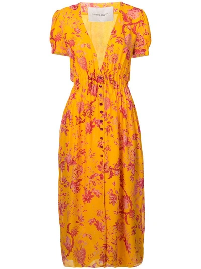 Carolina Herrera Pintucked Floral-print Silk Crepe De Chine Midi Dress In Yellow