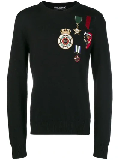 Dolce & Gabbana Crew Neck Knit In Wool With Embroidery In Black