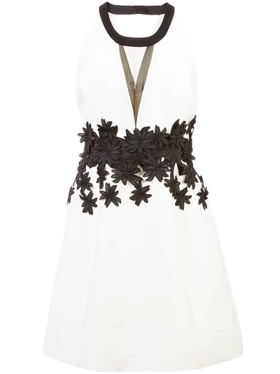 Halston Heritage Halter Mini Dress W/ Floral Embroidery In Chalk/black