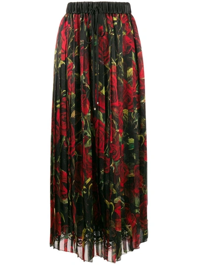 Dolce & Gabbana Floral Pleated Silk-blend Skirt In Black/red