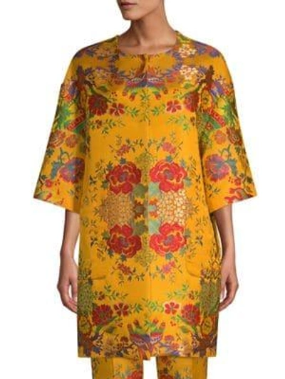 Etro Chinoiserie Floral-jacquard 3/4-sleeve Topper Jacket In Gold