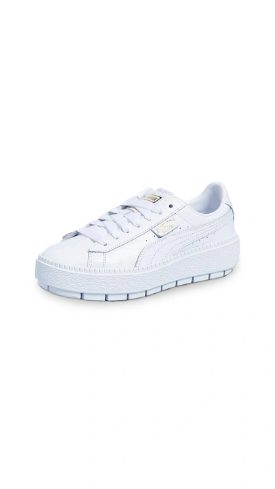 Puma Women's Trace Ostrich-embossed Leather Lace Up Platform Sneakers In  White