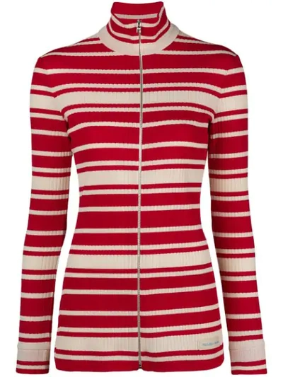 Prada Striped Rib Knit Turtleneck Cardigan In Red