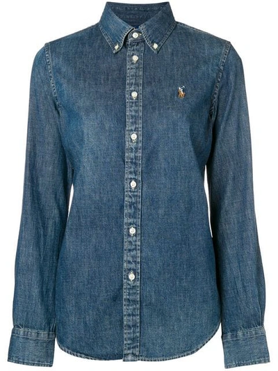 Polo Ralph Lauren Denim Shirt With Logo Multicolor Embroidery In Blue