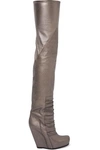 RICK OWENS METALLIC TEXTURED-LEATHER OVER-THE-KNEE WEDGE BOOTS