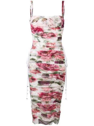 Dolce & Gabbana Lace-up Ruched Floral-print Cotton And Silk-blend Tulle Midi Dress In Floral Print