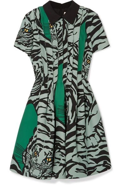 Valentino Short-sleeve Pintucked Pleated Tiger-print Crepe Couture Dress In Green Powder Green