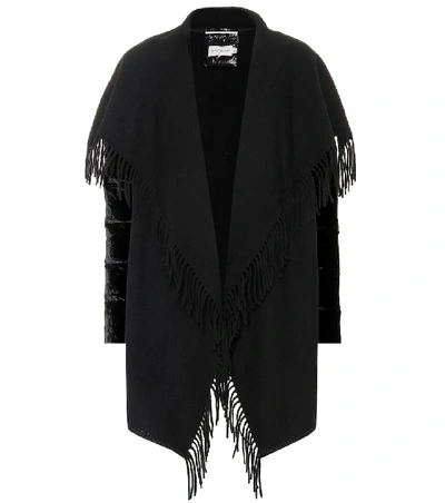 Moncler Mantella Fringed Shawl-collar Quilted-sleeve Wool Cape In Black
