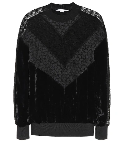Stella Mccartney Lace Black Velvet Sweatshirt. Lace Features A Round Neck