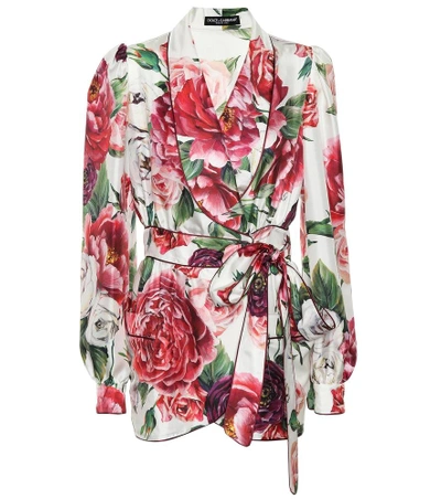 Dolce & Gabbana Embellished Floral-print Silk-twill Wrap Top In Floral Print