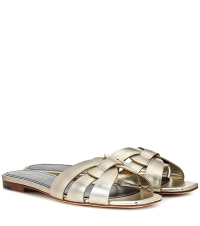 Saint Laurent Tribute Nu Pieds Metallic-leather Slides In Platino