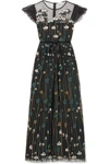 RED VALENTINO FLORAL-EMBROIDERED TULLE MIDI DRESS