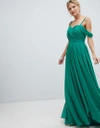 Y.A.S. FLOATY MAXI DRESS WITH COLD SHOULDER-GREEN,26010122