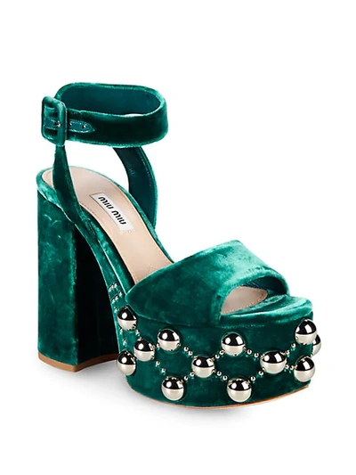 Miu Miu Studded Velvet Ankle-strap Platform Sandals In Green Black