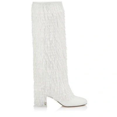 Jimmy Choo Magalie 65 White Calf Leather Knee High Booties With Fringe Detailing