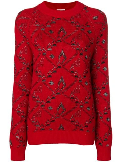 Saint Laurent Jacquard Tapestry Flower Sweater In Red
