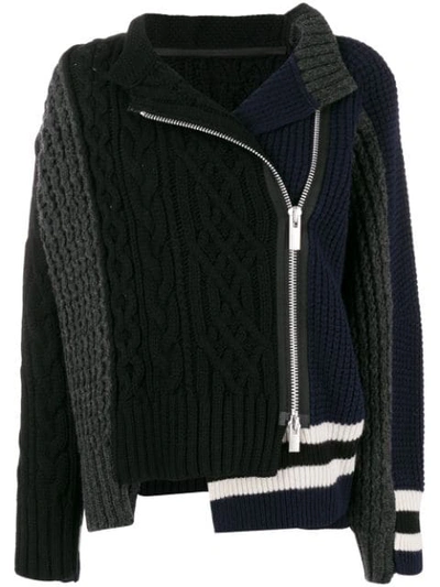 Sacai Zipped Knit Coat In Black-navy-gray