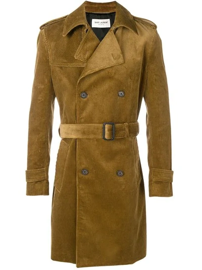 Saint Laurent Double-breasted Corduroy Trench Coat In Camel