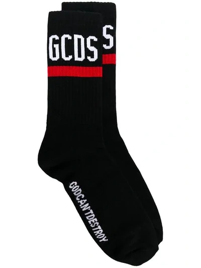 Gcds Ribbed Contrast Logo Socks In Black
