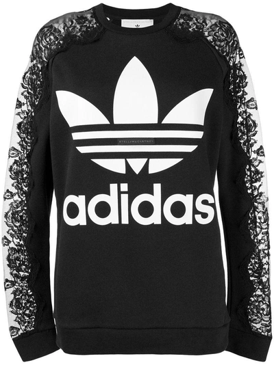 Stella Mccartney + Adidas Lace-paneled Printed Cotton-jersey Sweatshirt In Black