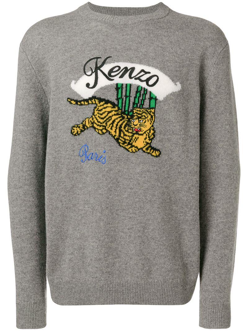 Kenzo Jumping Tiger Grey Wool Jumper In 95 Grey | ModeSens