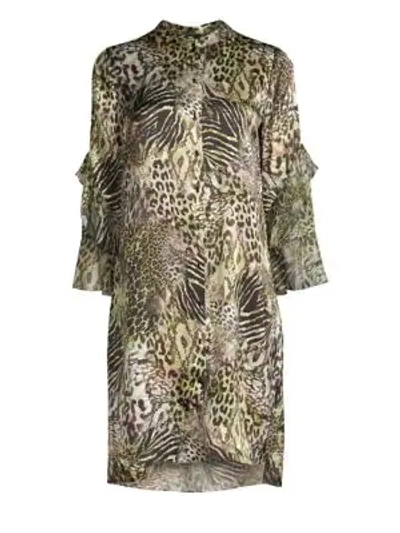 Elie Tahari Sawyer Safari Animal Print Silk Mini Dress In Olivine Multi
