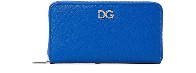 Dolce & Gabbana Leather Logo Zip-around Wallet In Bluette