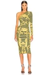 VERSACE VERSACE PRINTED ONE SHOULDER COCKTAIL DRESS IN ABSTRACT,STRIPES,YELLOW