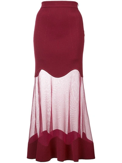 Alexander Mcqueen Ribbed-knit Sheer Panel Midi Skirt In Red