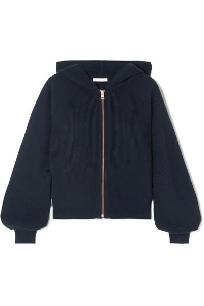 See By Chloé Crochet Knit-paneled Ribbed Wool And Cotton-blend Hoodie In Blue