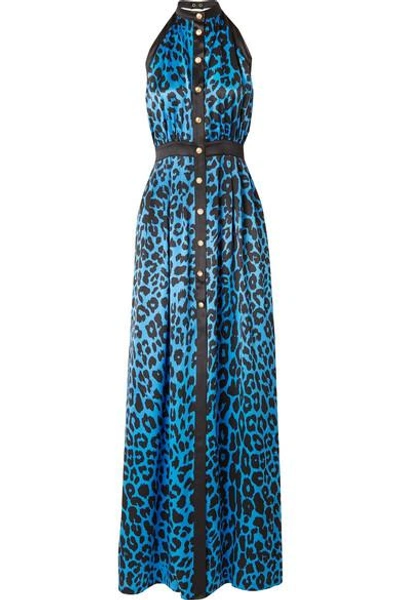 Balmain Sleeveless Button-front Leopard-print Silk Jersey Maxi Dress In Blue