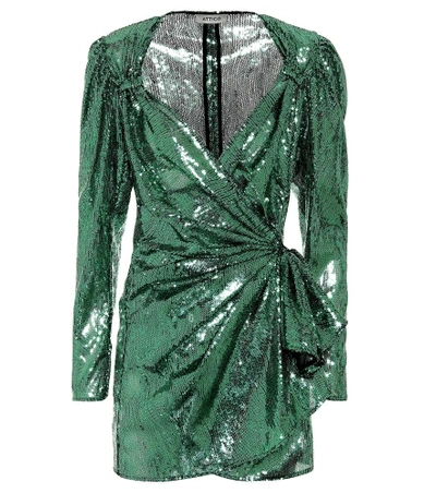 Attico Sequined Mesh Wrap Mini Dress In Green
