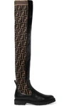 FENDI Logo-jacquard stretch-knit and leather over-the-knee boots